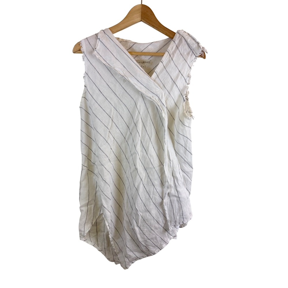 Mara Gibbucci Asymmetric Wrap Top Tunic Striped Sleeveless Top Women M Frayed